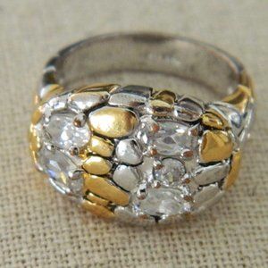Cubic Zirconia CZ Flat Domed Ring w/Pebbled Motif White/Yellow 10K GE Sz 6.5